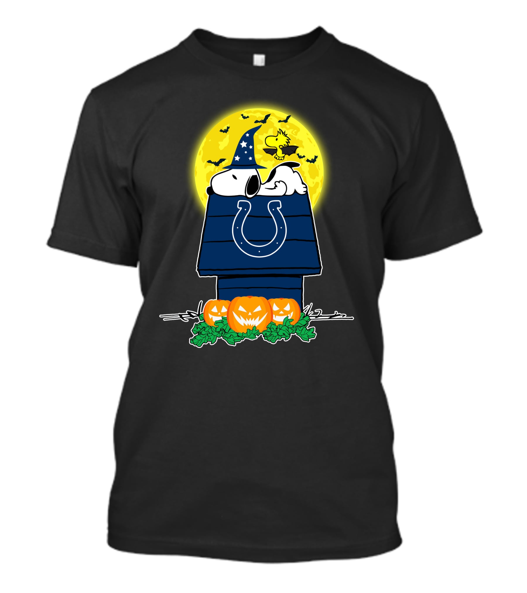 Indianapolis Colts Snoopy Halloween Moon Pumpkins Woodstock Bats T-Shirt