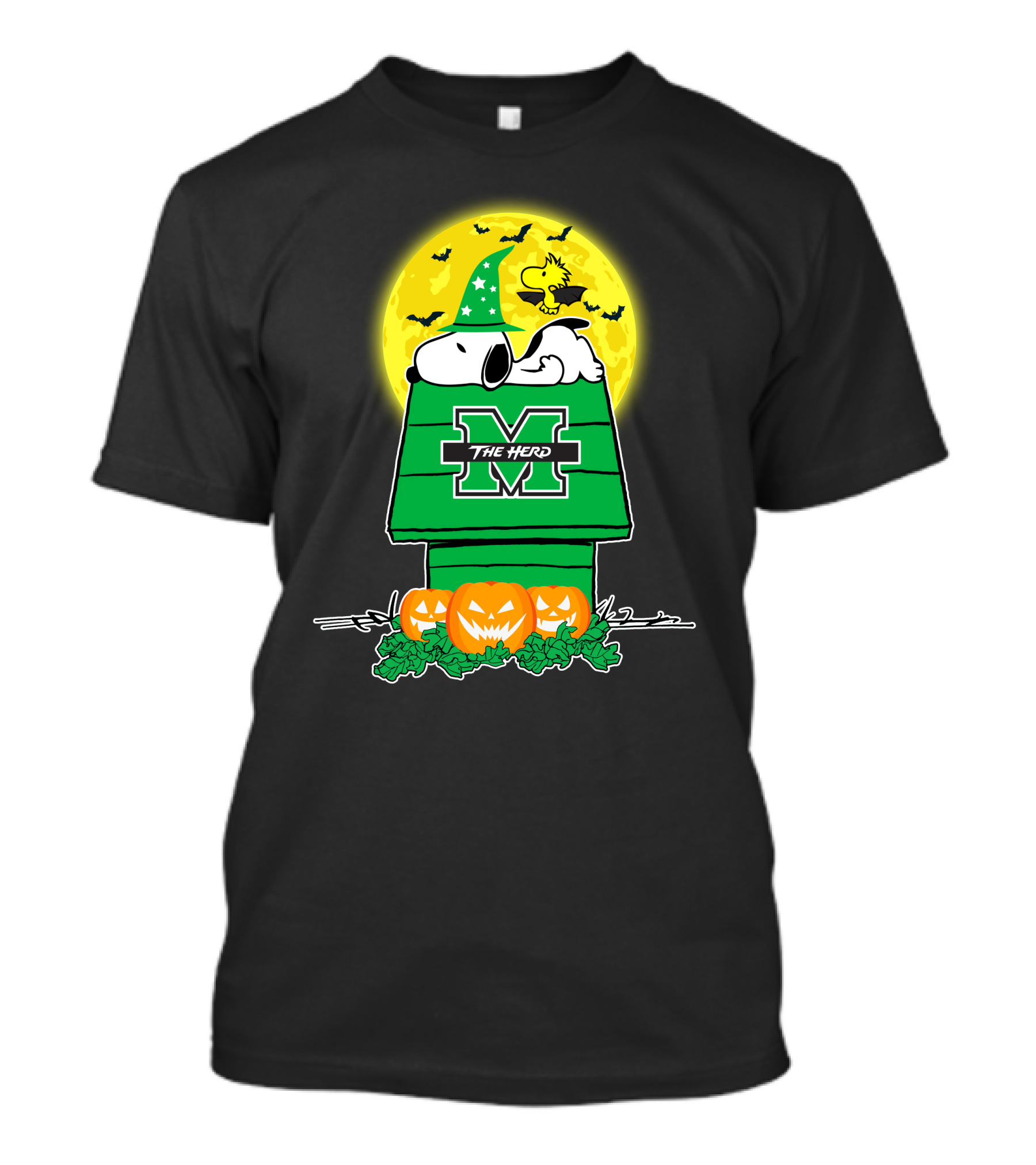 Marshall Thundering Herd Snoopy Woodstock Halloween Pumpkins Moon T-Shirt