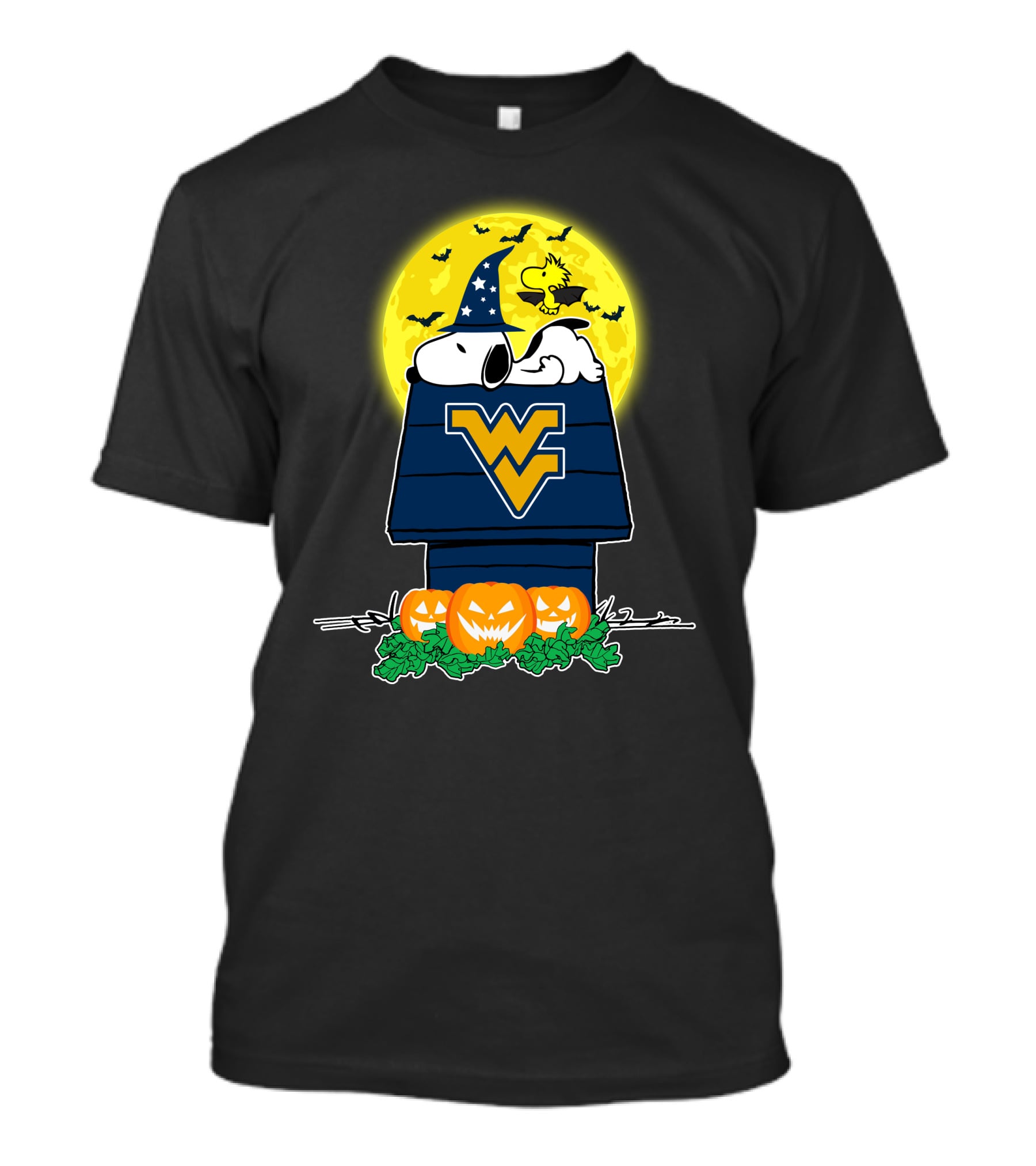 West Virginia Mountaineers Snoopy Halloween Moon Pumpkins Wizard Hat Woodstock T-Shirt