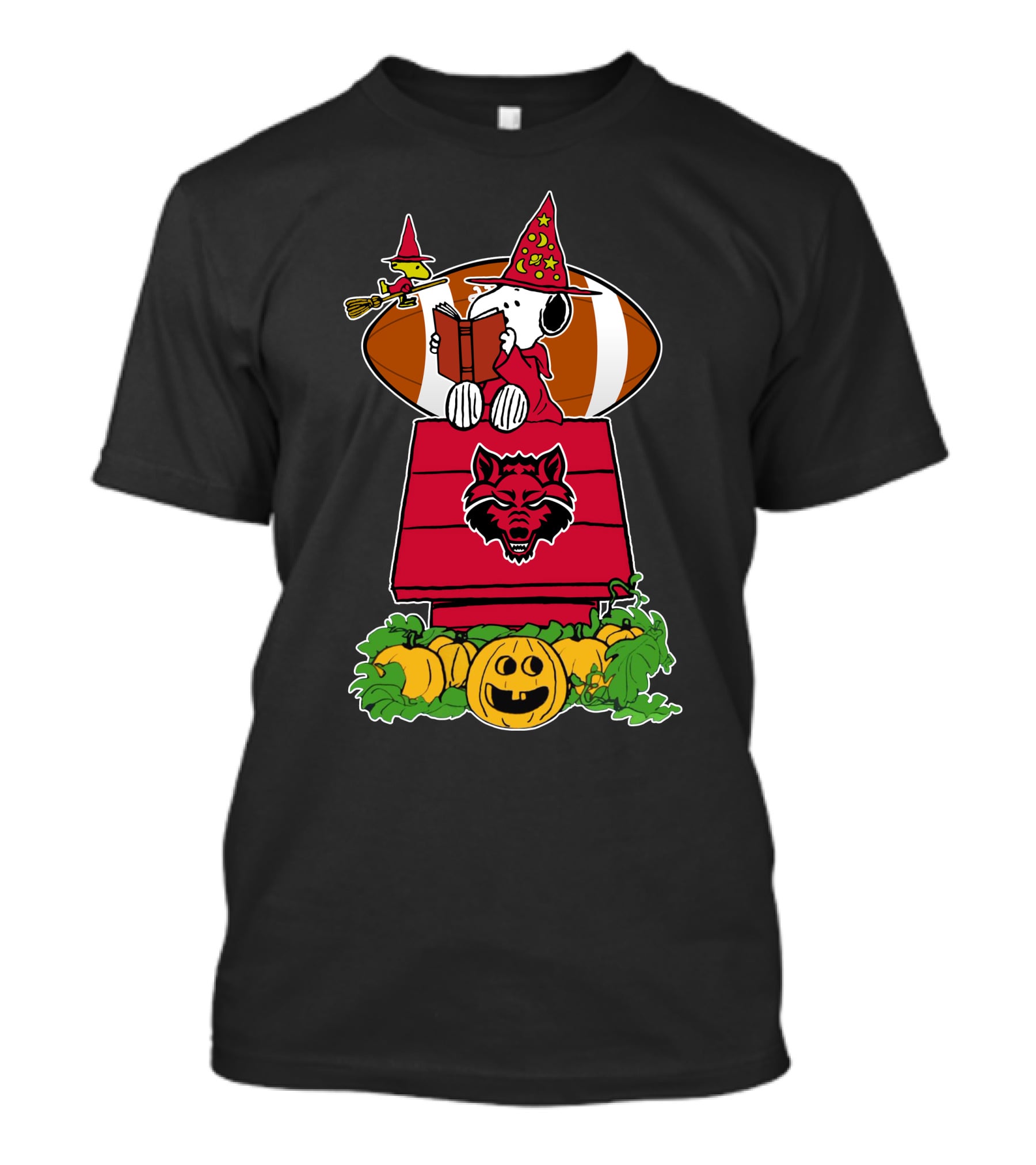 Snoopy Woodstock Witch Halloween Arkansas State Red Wolves Football Pumpkin Patch T-Shirt
