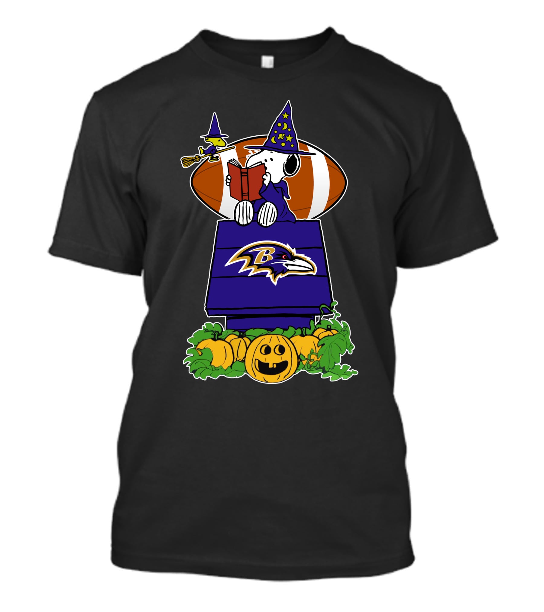 Baltimore Ravens Snoopy Halloween Witch Woodstock Pumpkin Football House T-Shirt