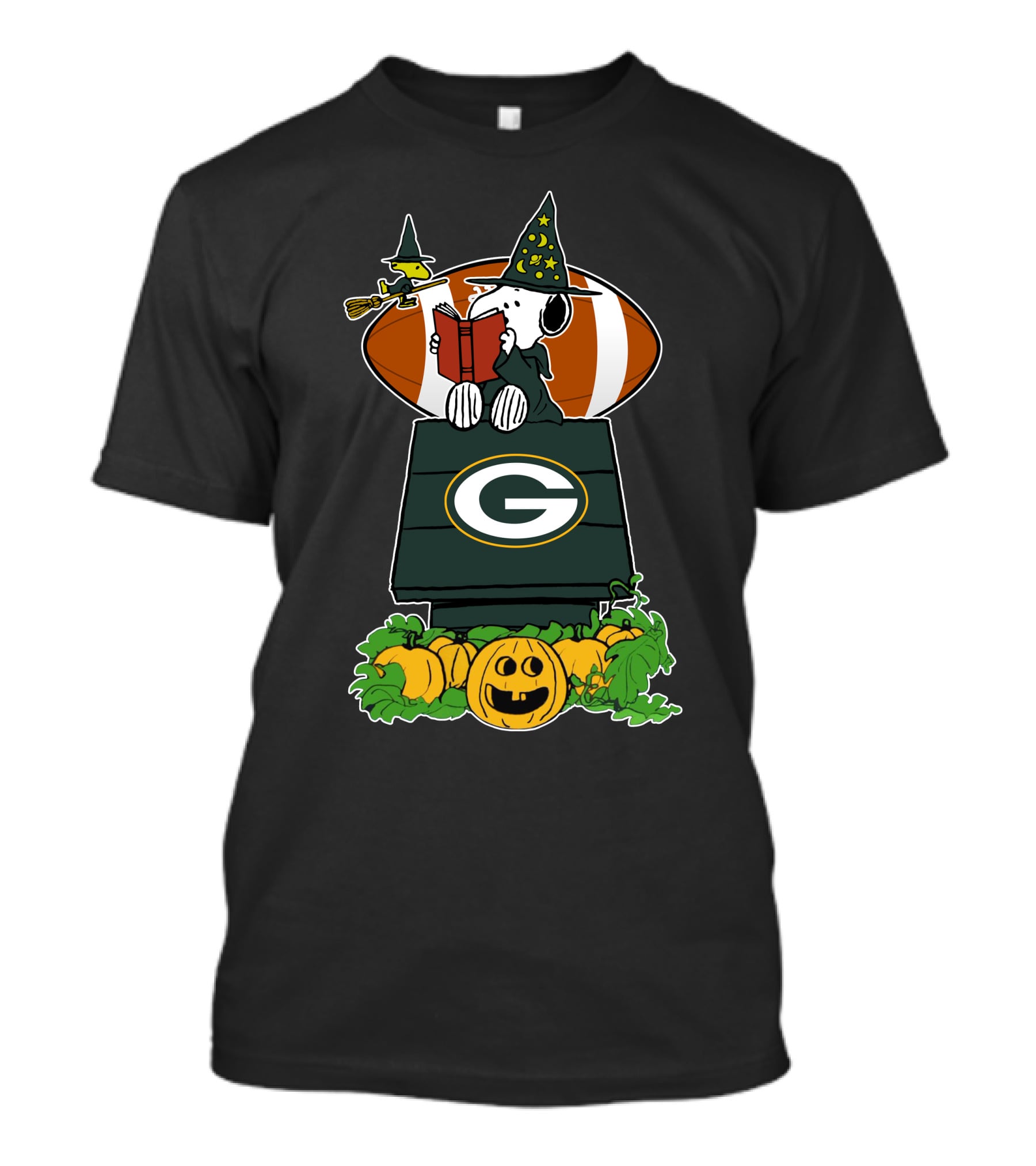 Green Bay Packers Halloween Snoopy And Woodstock Witch With Football And Pumpkins T-Shirt