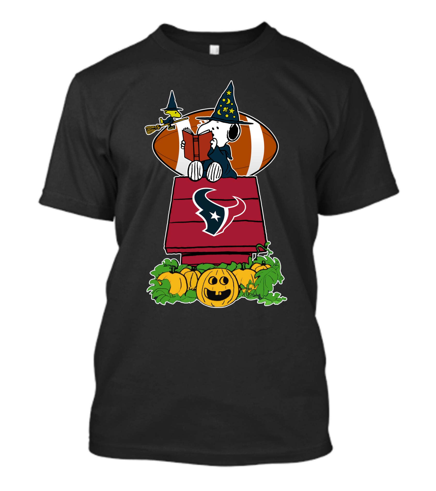 Houston Texans Snoopy Halloween Witch Hat Jack-O'-Lantern Football T-Shirt