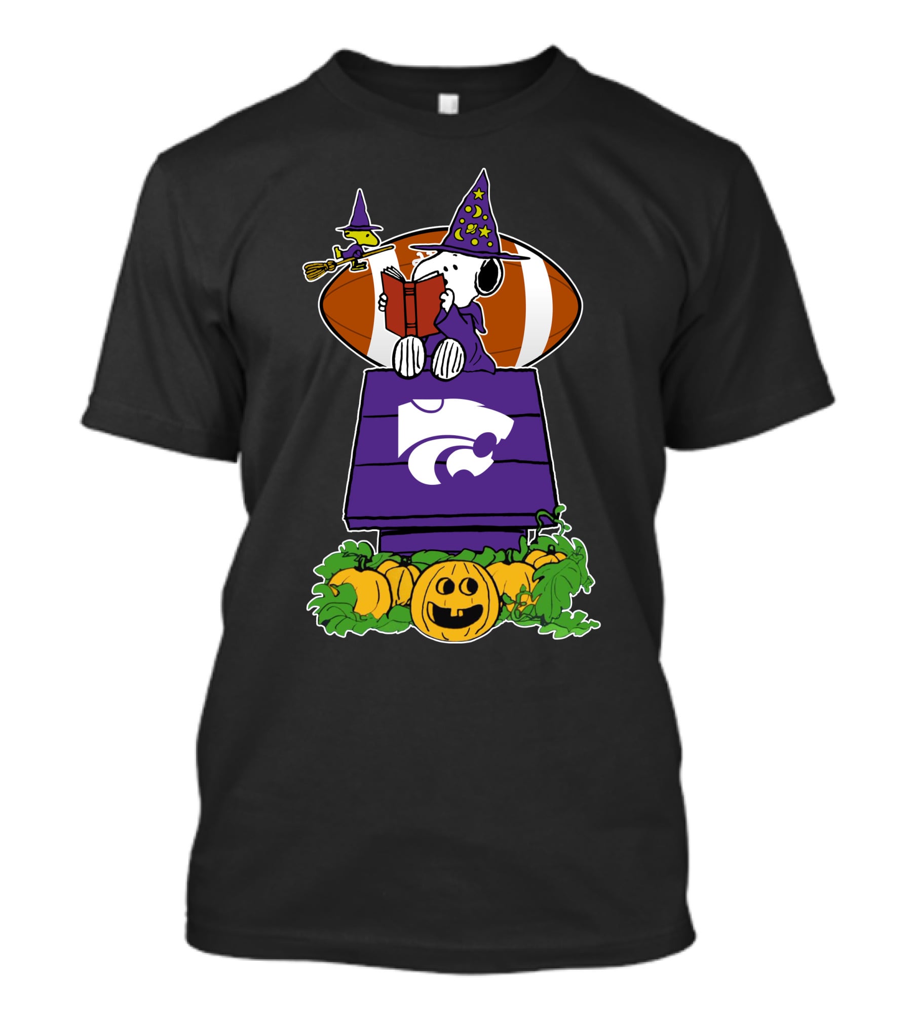 Kansas State Wildcats Snoopy Halloween Witch Hat Pumpkin Football Scene T-Shirt