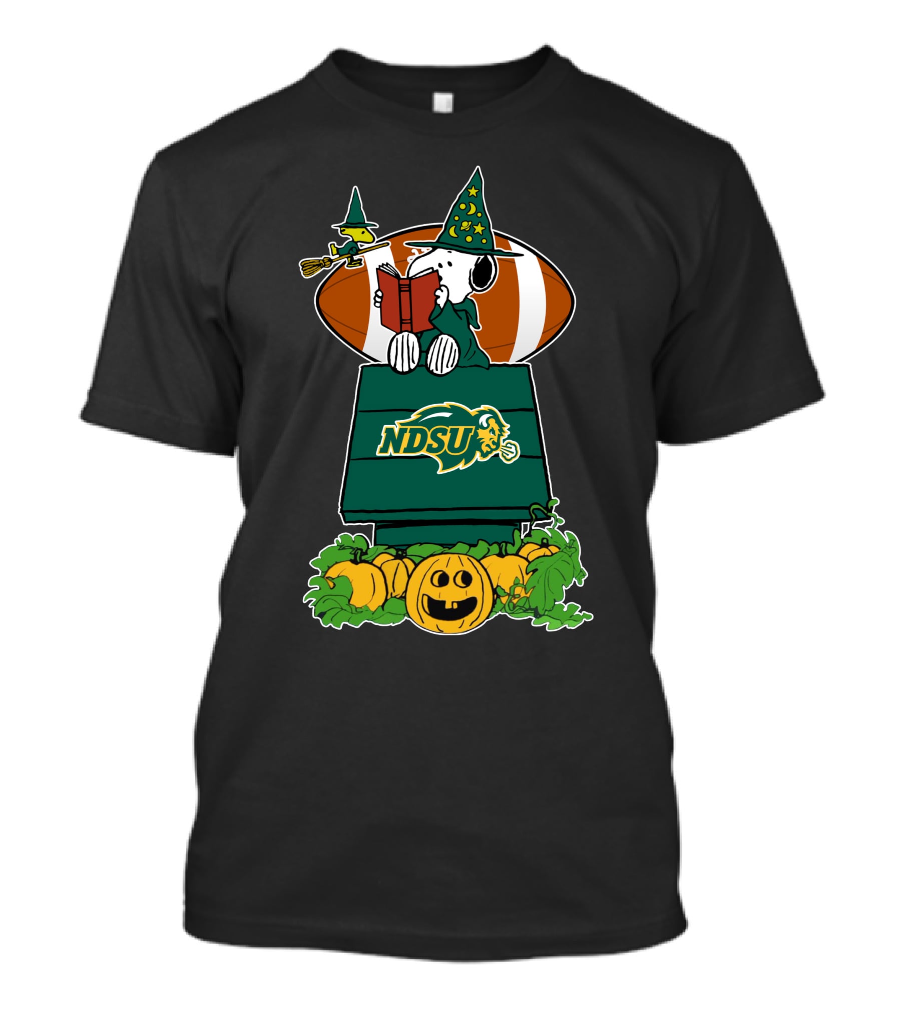 Ndsu Bison Snoopy Halloween Witch Hat Pumpkin Football Scene T-Shirt