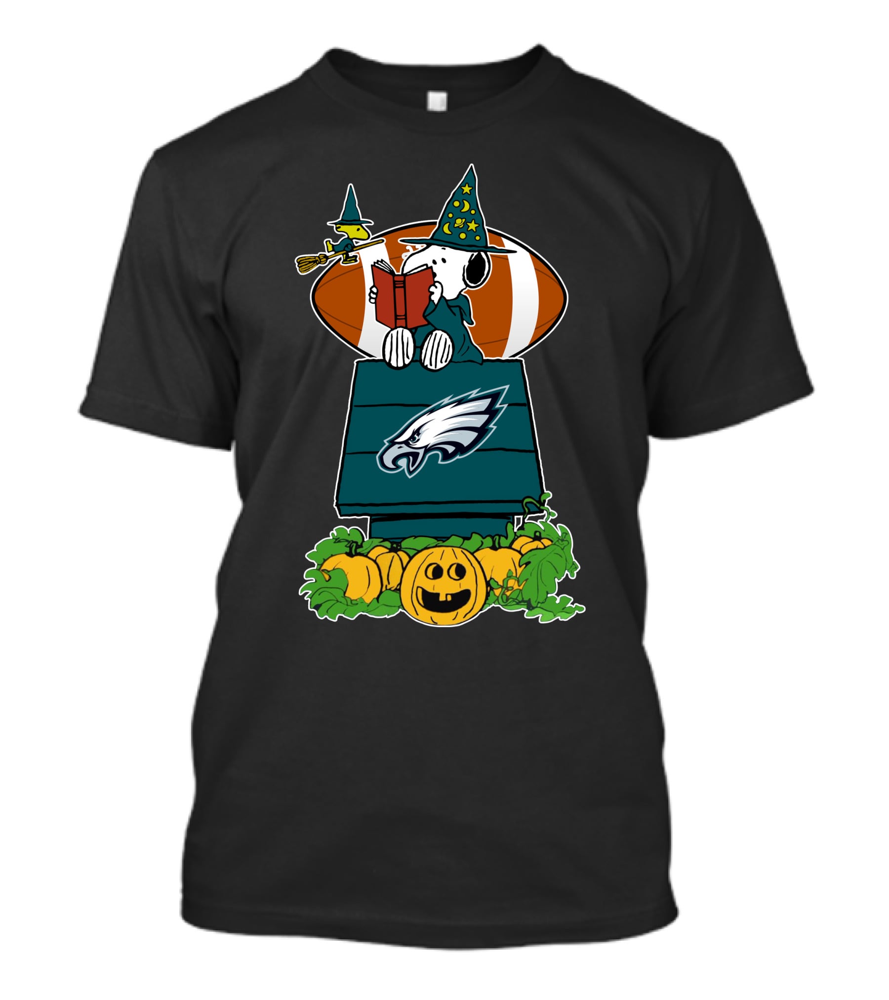 Philadelphia Eagles Snoopy Halloween Witch And Football Pumpkin Scene T-Shirt
