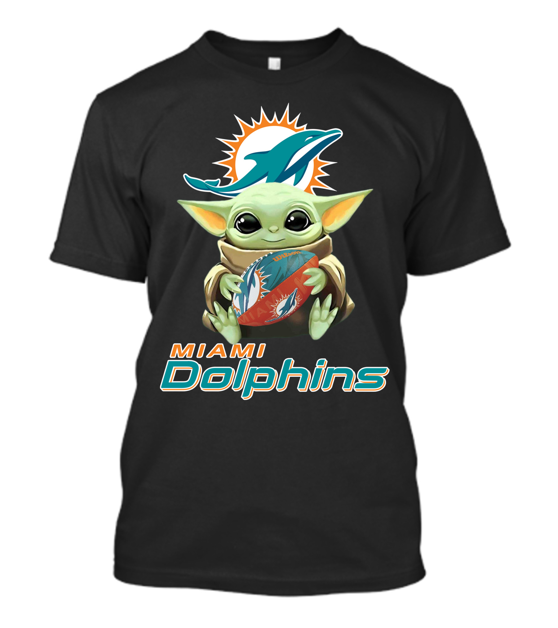 Miami Dolphins Baby Yoda Holding Football With Team T-Shirt