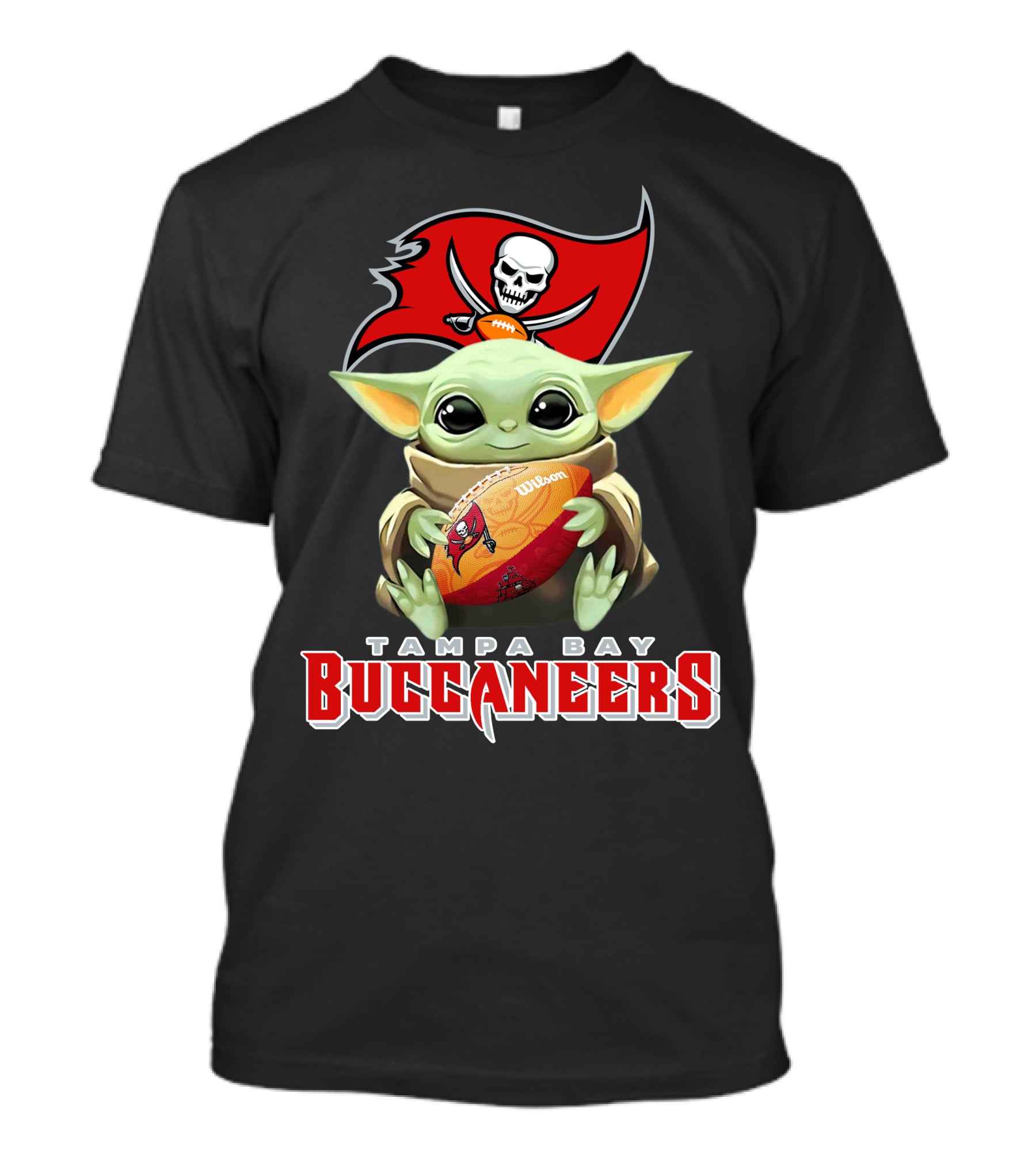 Tampa Bay Buccaneers Baby Yoda Holding Wilson Football T-Shirt