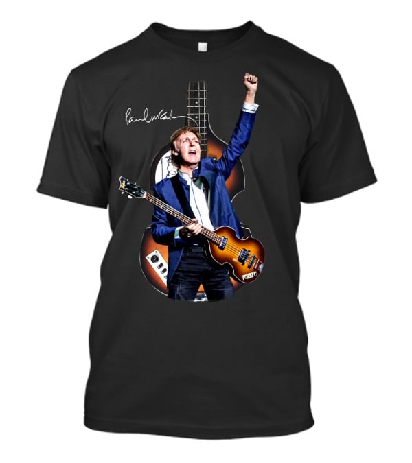 Paul McCartney Signature Bass Guitar Iconic Imagery With Raised Fist T-Shirt