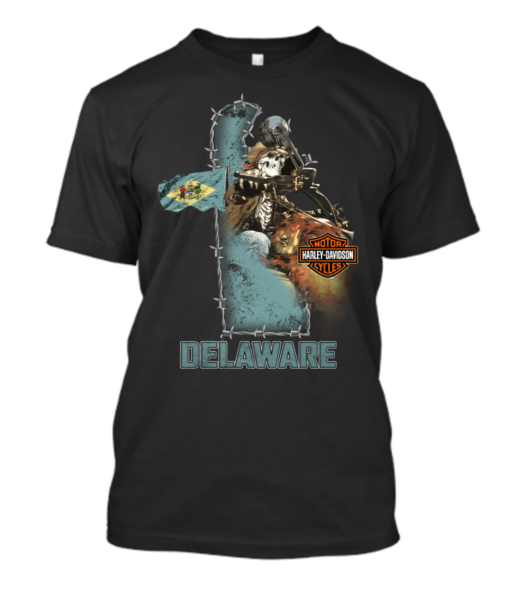 Delaware Harley Davidson Motorcycles Skeleton And Flag T-Shirt