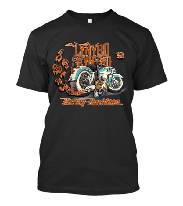 Lynyrd Skynyrd And Harley Davidson Motorcycle With Guitar And Flames T-Shirt