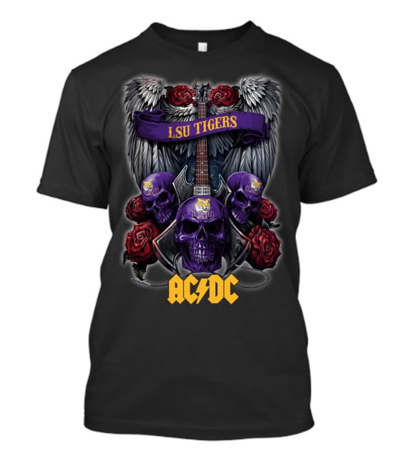 LSU Tigers ACDC Skull Guitar Wings Roses T-Shirt