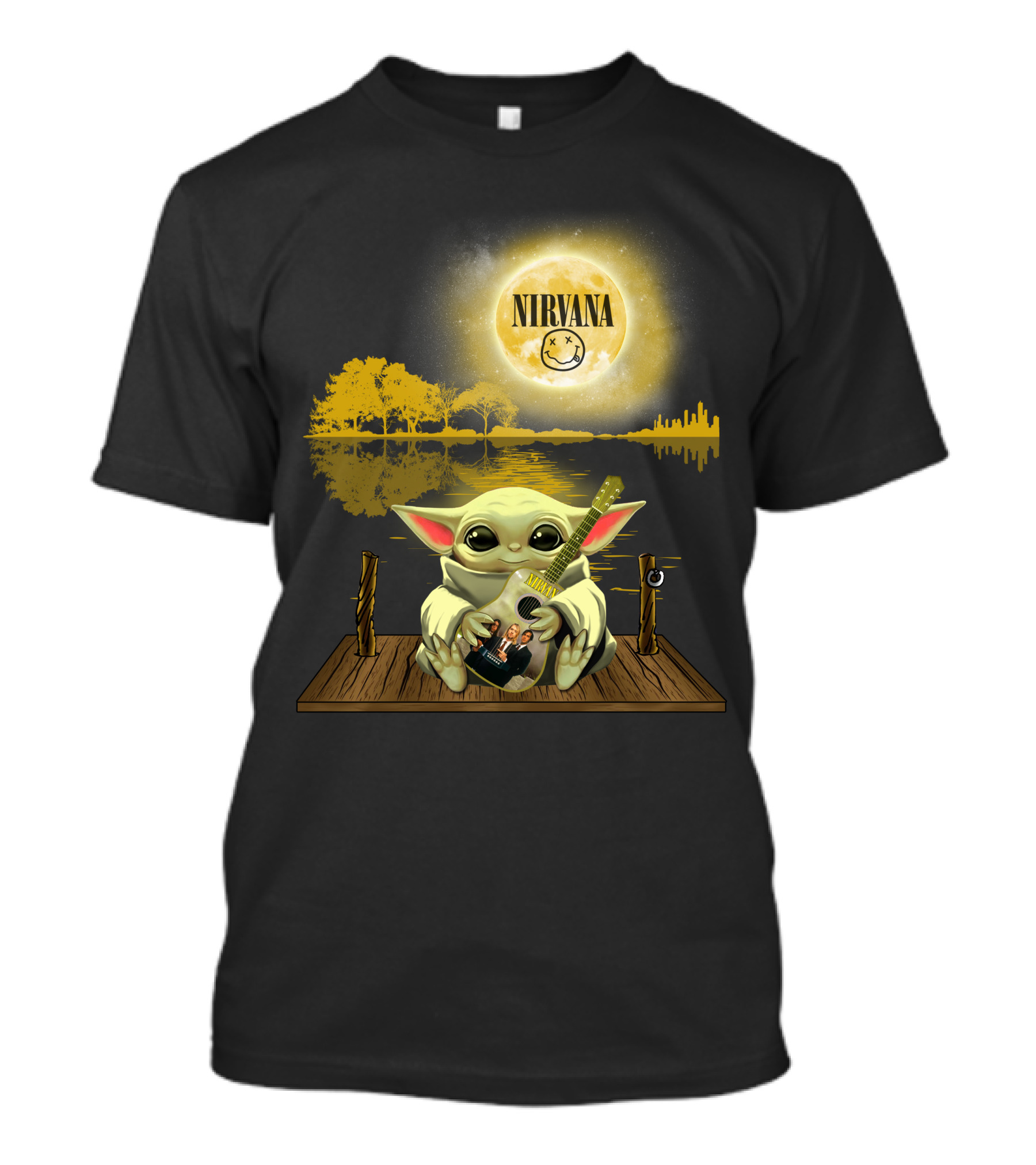 Nirvana Baby Yoda Playing Guitar Under Smiley Face Moon T-Shirt