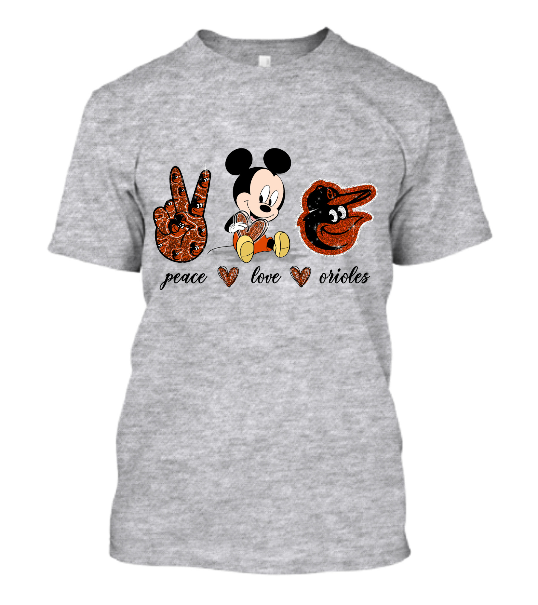 Mickey Mouse Peace Love Orioles Baseball Team T-Shirt
