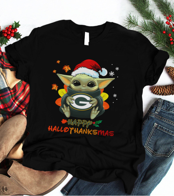 Happy Hallothanksmas Green Bay Packers Baby Yoda Santa Hat T-Shirt