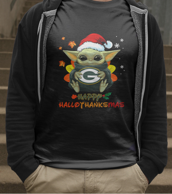 Happy Hallothanksmas Green Bay Packers Baby Yoda Santa Hat T-Shirt
