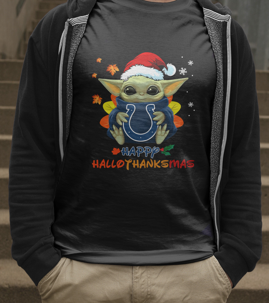 Happy Hallothanksmas Indianapolis Colts Baby Yoda Santa Hat T-Shirt