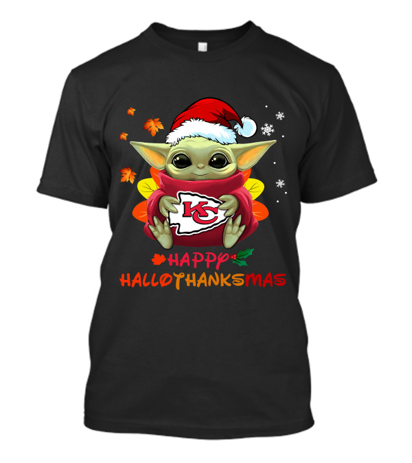Kansas City Chiefs Baby Yoda Happy Hallothanksmas T-Shirt