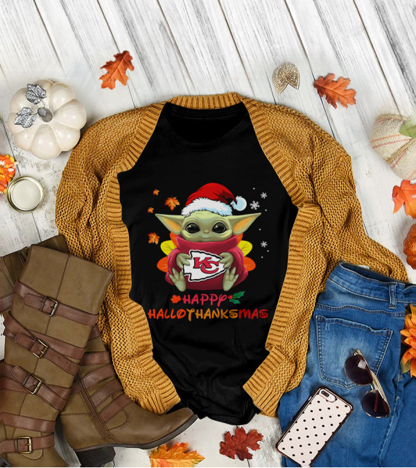 Kansas City Chiefs Baby Yoda Happy Hallothanksmas T-Shirt