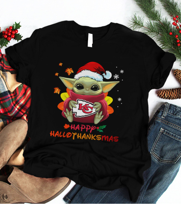 Kansas City Chiefs Baby Yoda Happy Hallothanksmas T-Shirt