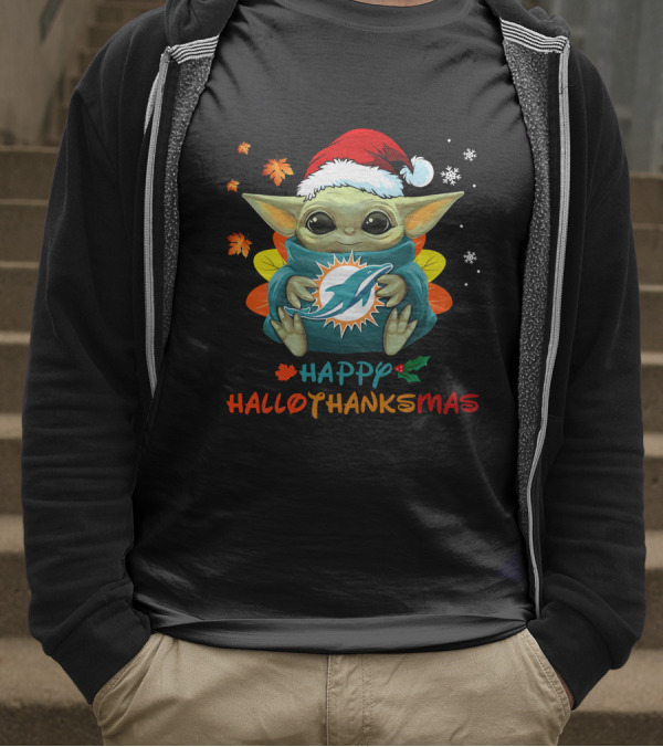 Happy Hallothanksmas Miami Dolphins Baby Yoda T-Shirt