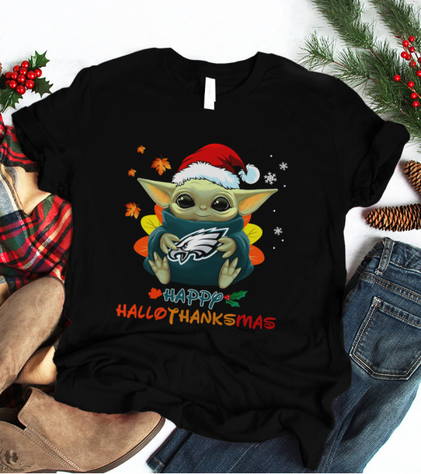 Happy Hallothanksmas Philadelphia Eagles Baby Yoda Santa Hat T-Shirt