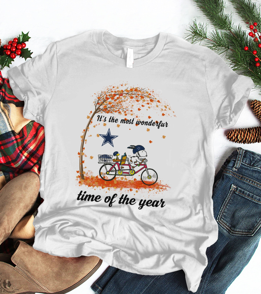 Dallas Cowboys Snoopy Autumn Bicycle It's The Most Wonderful Time Of The Year T-Shirt