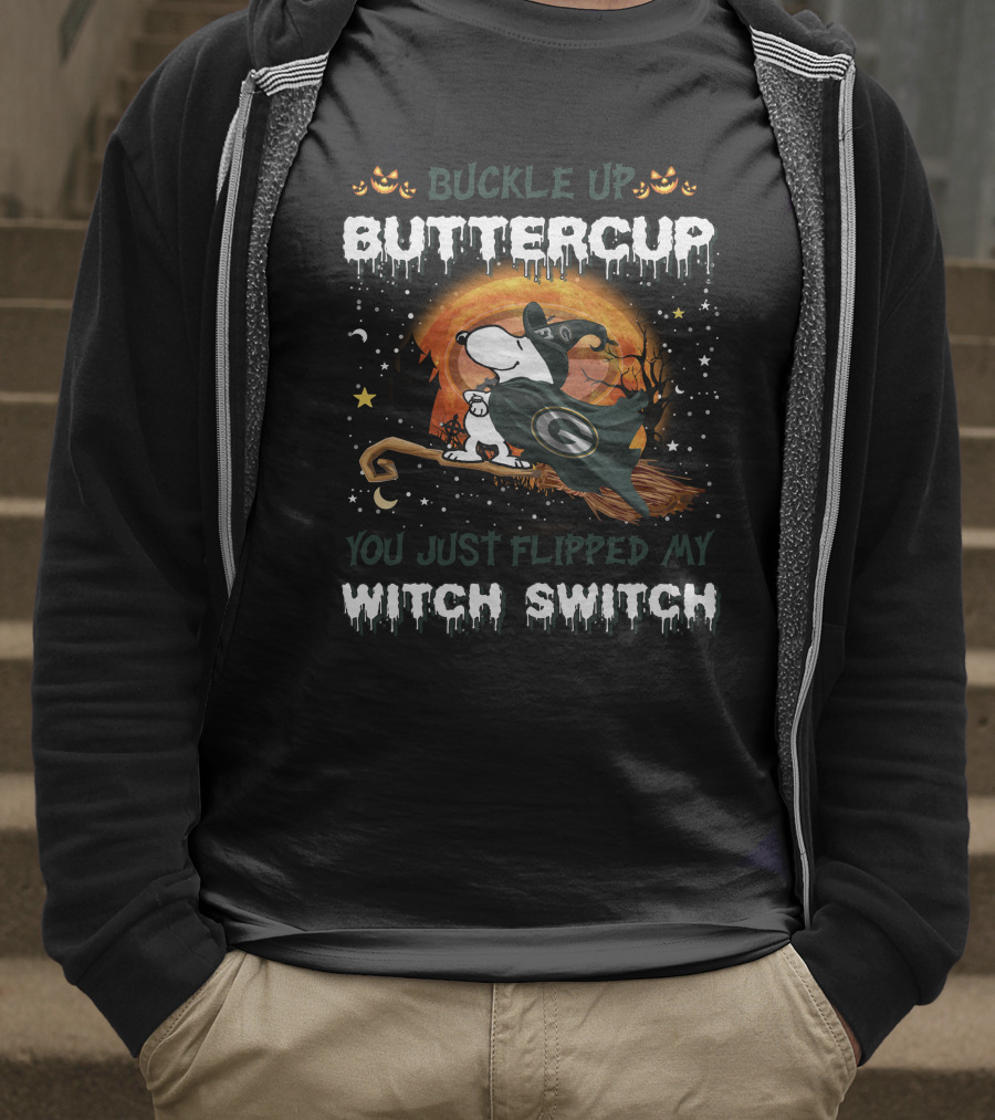 Buckle Up Buttercup Green Bay Packers Snoopy Witch Switch T-Shirt