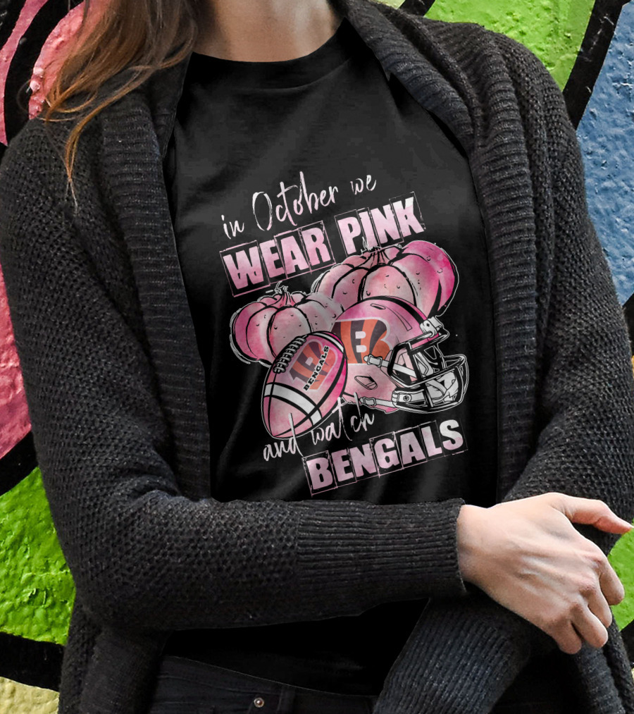 In October We Wear Pink Bengals Football Helmet Pumpkins T-Shirt