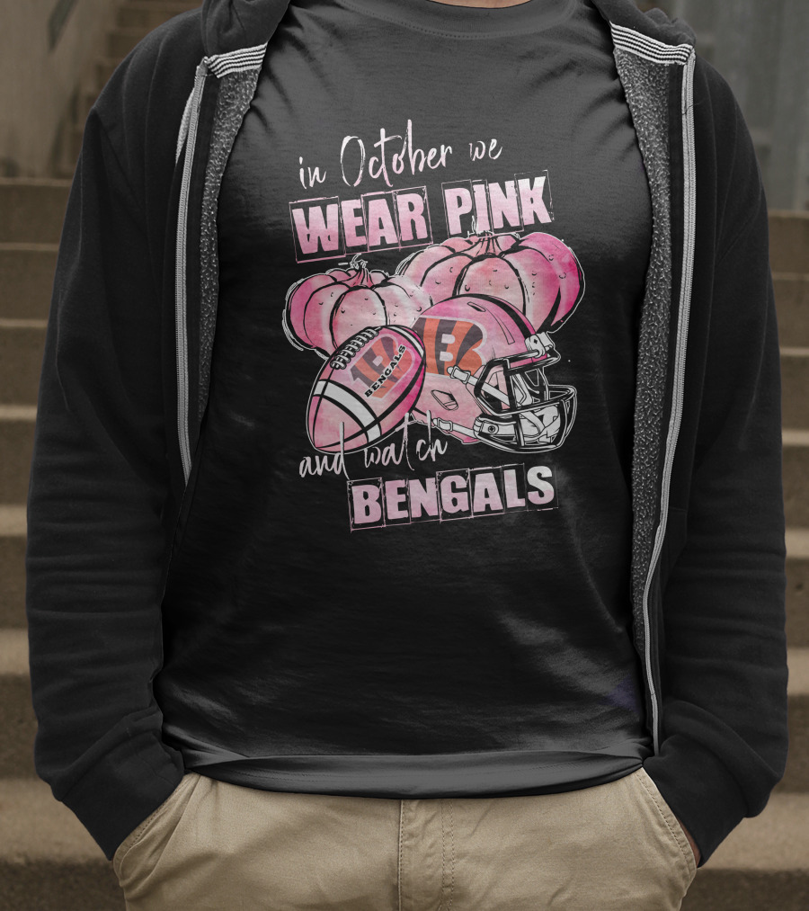 In October We Wear Pink Bengals Football Helmet Pumpkins T-Shirt
