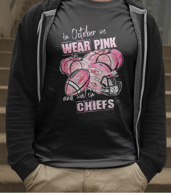Kansas City Chiefs In October We Wear Pink And Watch Chiefs Football Helmet Pumpkins T-Shirt