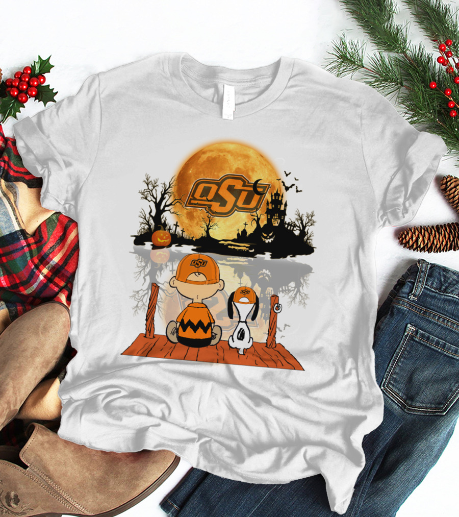 Oklahoma State Cowboys Halloween OSU Moon Charlie And Snoopy T-Shirt