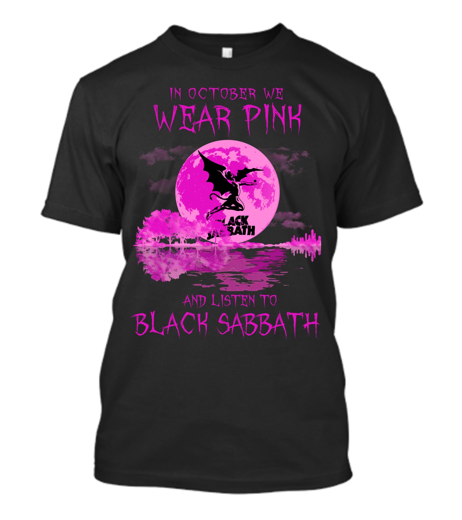 In October We Wear Pink With Black Sabbath Bat Silhouette And Pink Moon Reflection T-Shirt