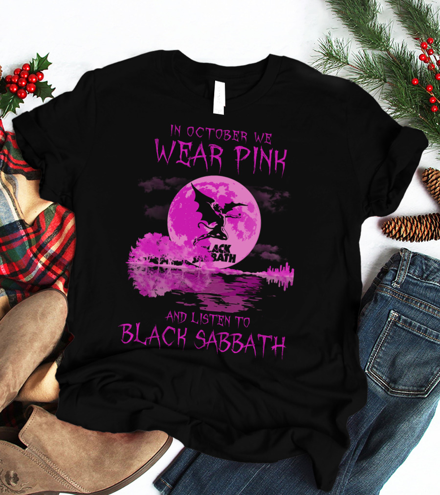 In October We Wear Pink With Black Sabbath Bat Silhouette And Pink Moon Reflection T-Shirt