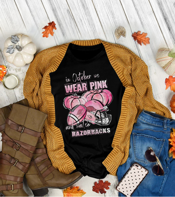 In October We Wear Pink And Watch Razorbacks Football Helmets Pumpkins T-Shirt