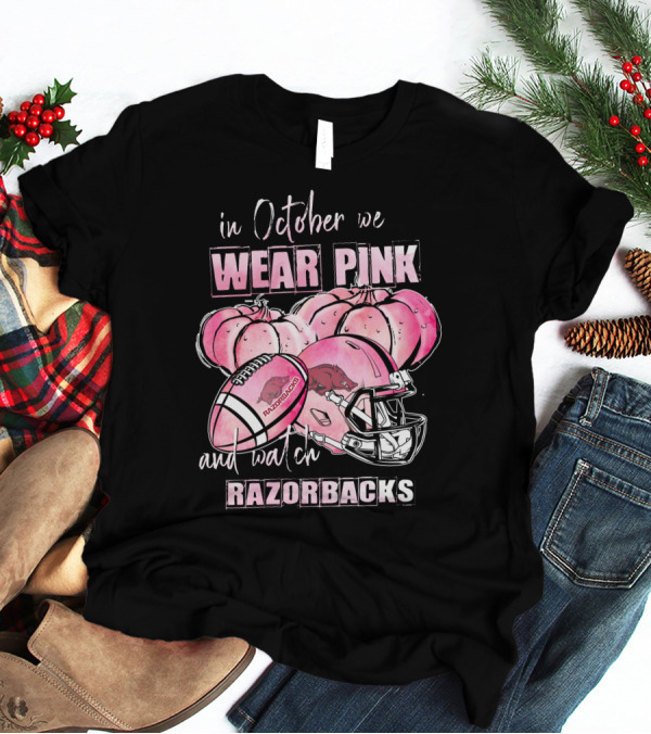 In October We Wear Pink And Watch Razorbacks Football Helmets Pumpkins T-Shirt