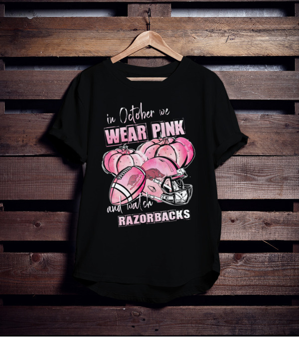 In October We Wear Pink And Watch Razorbacks Football Helmets Pumpkins T-Shirt