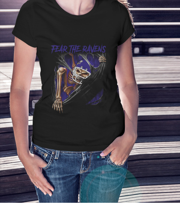 Fear The Ravens Baltimore NFL Skeleton Ravens Helmet Tear T-Shirt