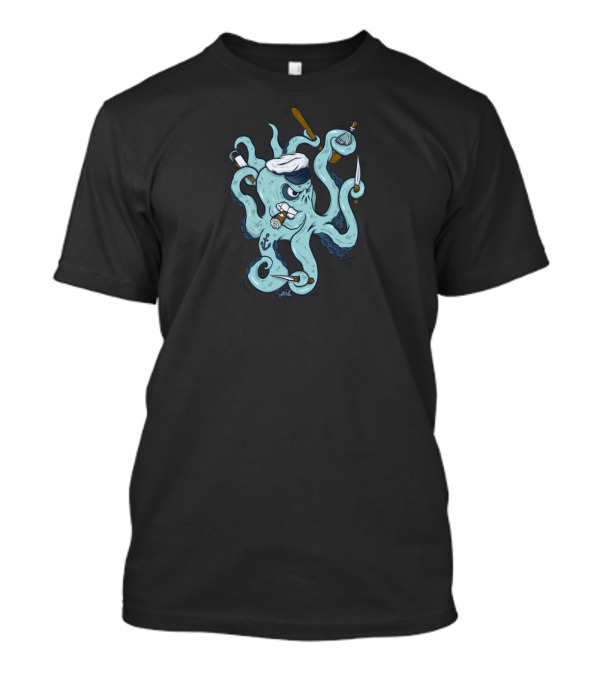 A Sailor Hat-Wearing Octopus In A Pub Brawl Holds Whiskey, Baseball Bat, Knife, And Beer T-Shirt