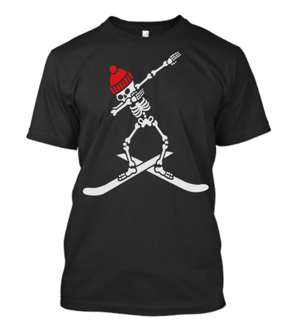 Dabbing Skeleton With Red Beanie On Skis T-Shirt