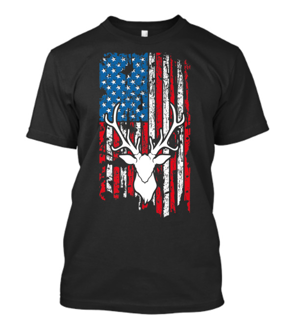 Deer Antler Silhouette American Flag Hunting T-Shirt