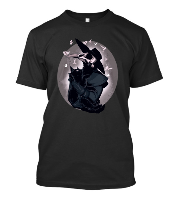 Nocturnal Plague Doctor With Cat And White Moths T-Shirt