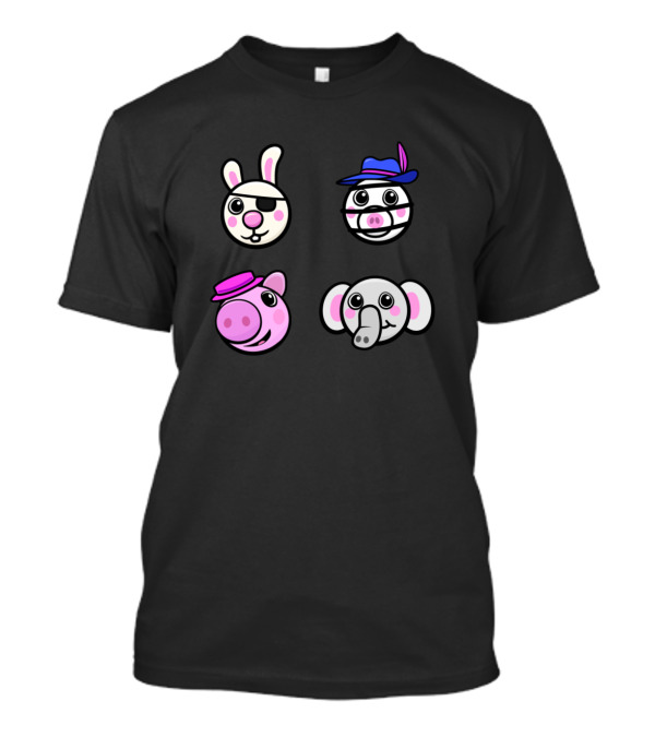 Piggy Friends Cute Game Characters Rabbit Piggy Elephant Faces T-Shirt