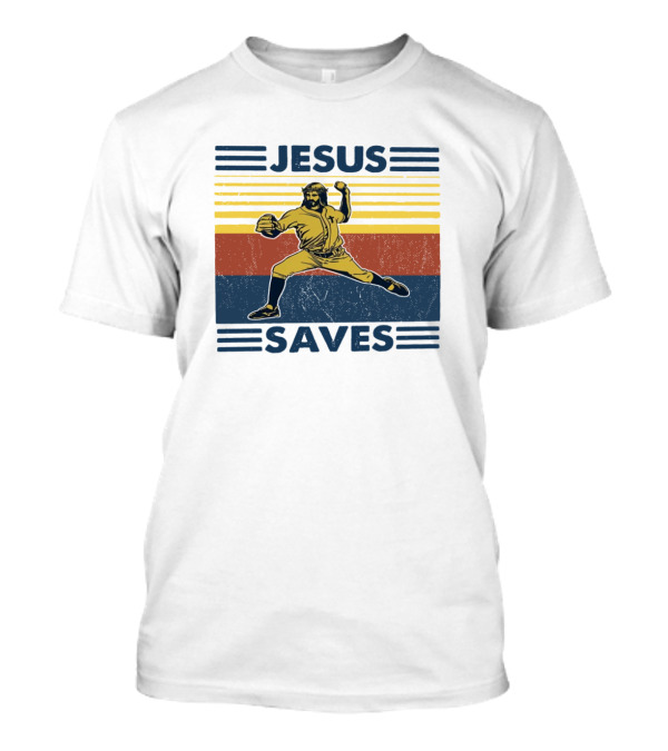 Jesus Saves Retro Baseball Pitcher Icon Stripes T-Shirt
