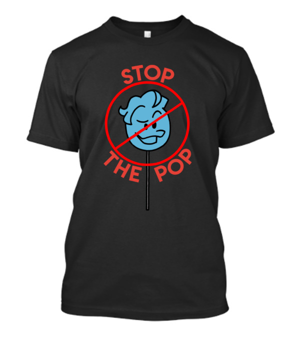 Stop The Pop (C) Louie Inc Blue Cartoon Face With Red Prohibition Circle T-Shirt