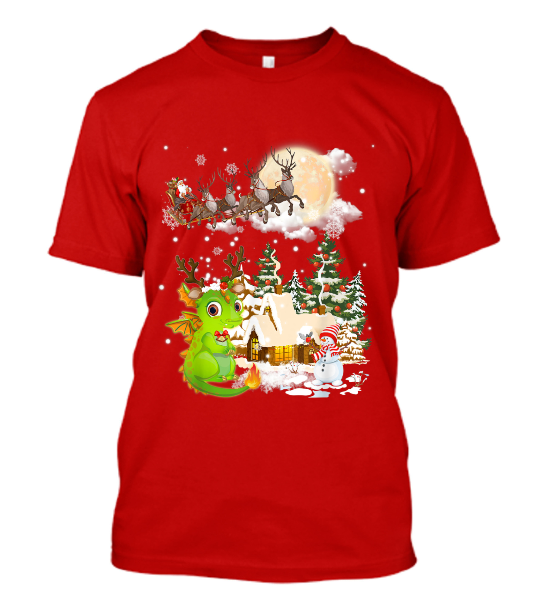 Santa's Sleigh Ride Over Snowy Village With Festive Dragon T-Shirt