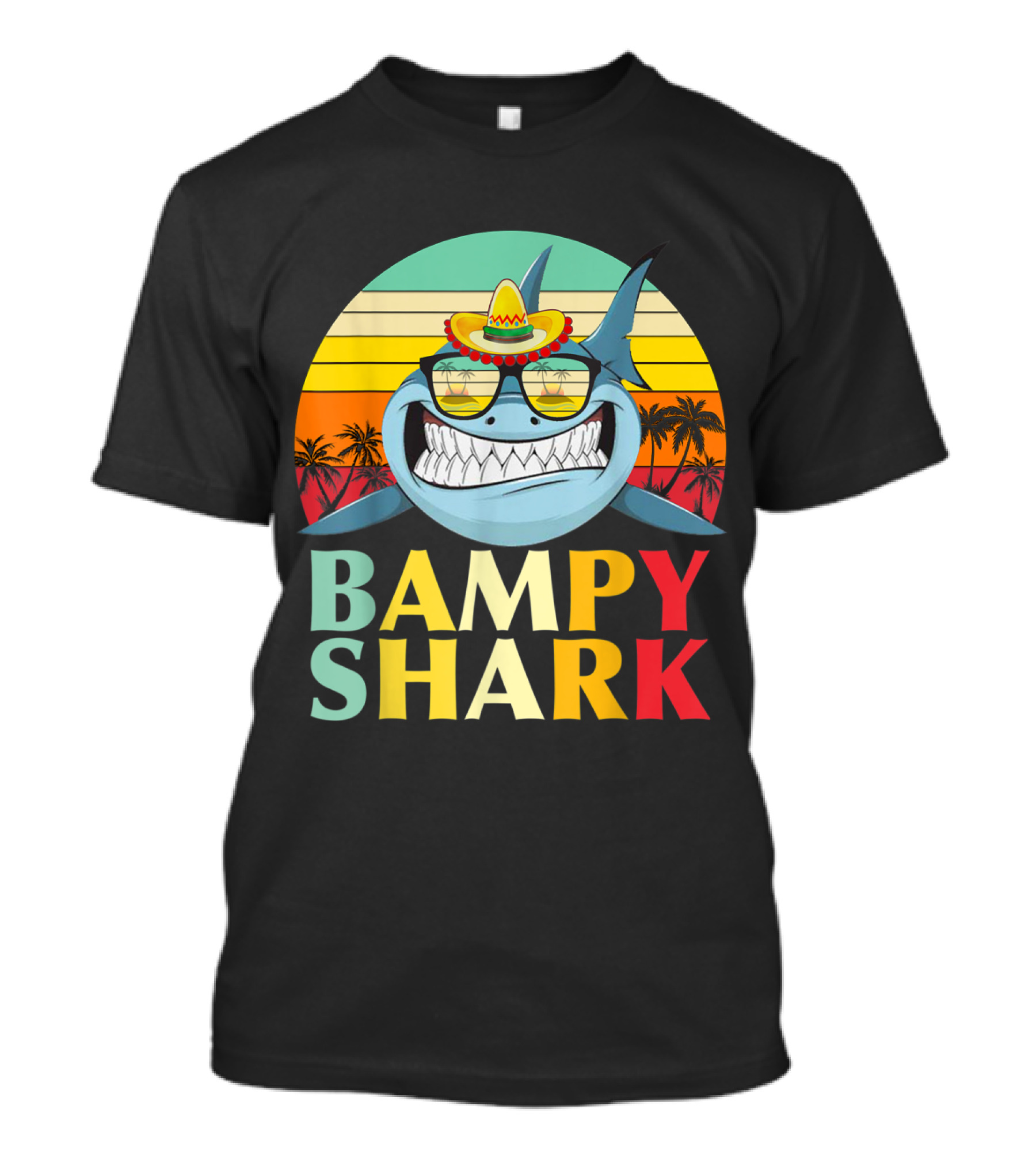 Bampy Shark Grandad From Grandchildren Shark With Sombrero And Sunglasses T-Shirt