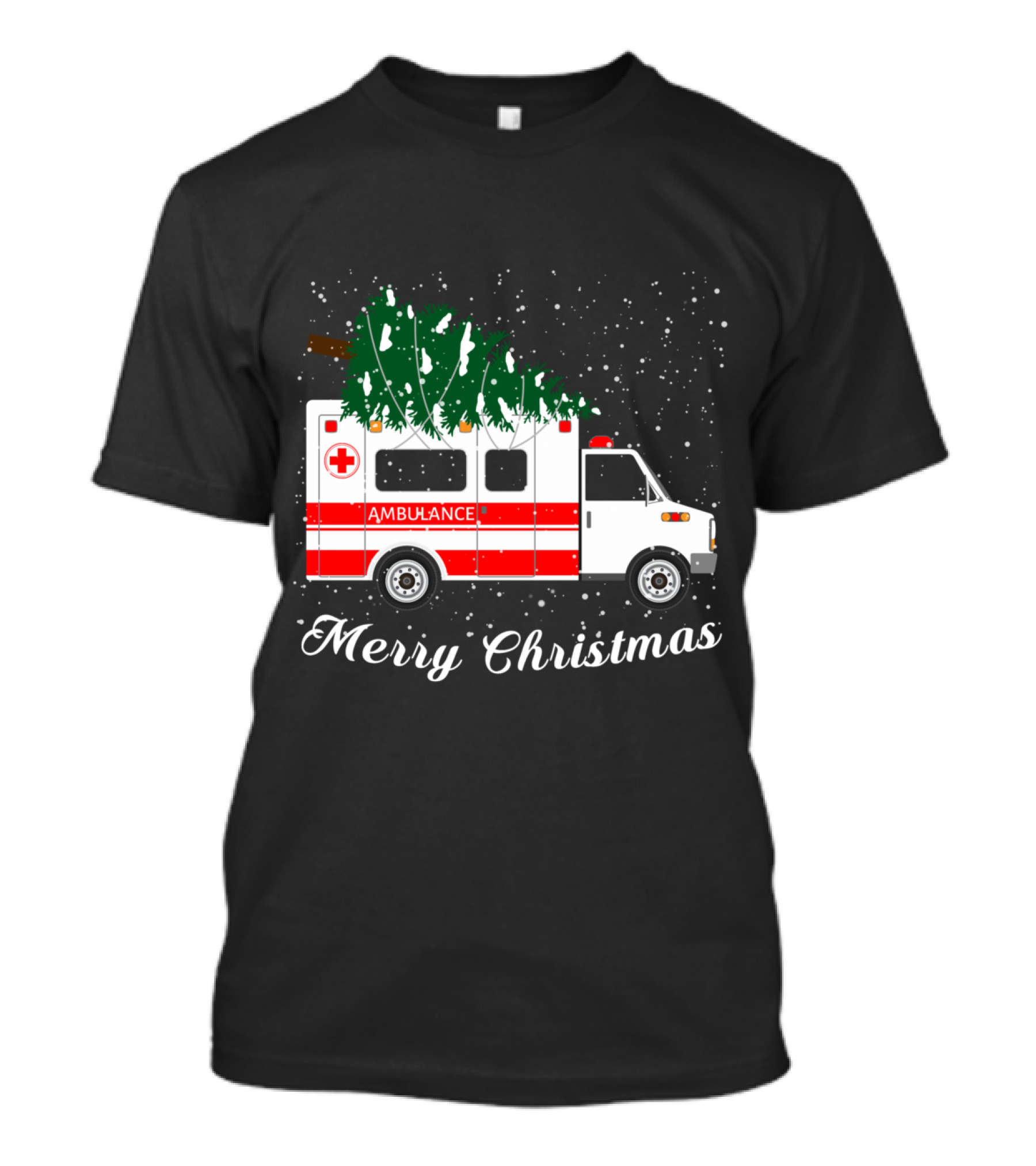 Merry Christmas Ambulance Carrying Christmas Tree In Snowfall T-Shirt