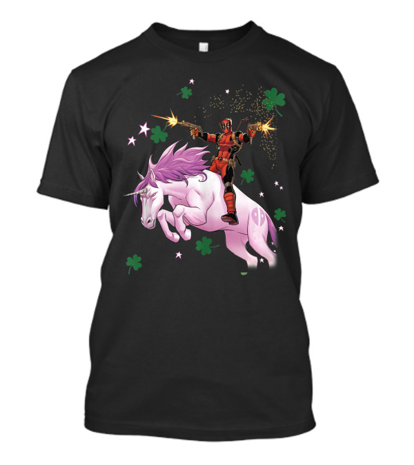 Marvel Deadpool Riding Unicorn With Shamrocks And Stars For St Patricks Day T-Shirt