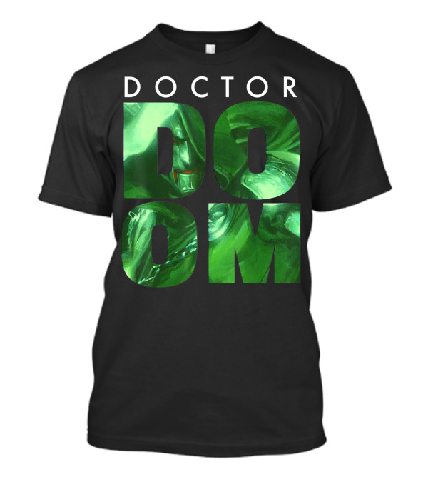 Doctor Doom Green Portrait Marvel Stacked Text T-Shirt